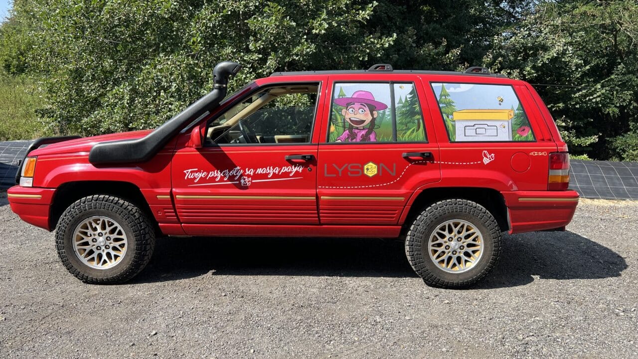 Jeep z oklejonymi szybami folią OWV i logo firmy na bokach. Oklejanie samochodu